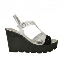 Woman's sandal in black pierced suede and silver laminated leather with strap wedge 9