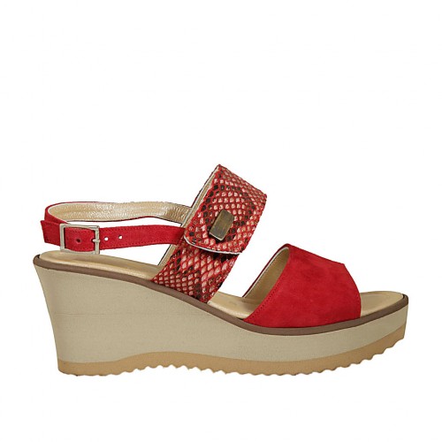 Sandalo da donna in camoscio e camoscio stampato rosso con velcro, plateau e zeppa 6 - Misure disponibili: 31, 42, 43, 44, 45
