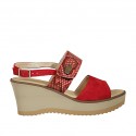 Woman's sandal in red suede and printed suede with velcro strap, platform and wedge 6