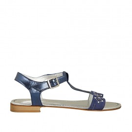 Sandalo da donna con cinturino charleston, strass e perle in camoscio e pelle laminata blu tacco 2 - Misure disponibili: 42, 43