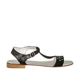 Sandalo da donna con cinturino charleston, strass e perle in camoscio e camoscio laminato nero tacco 2 - Misure disponibili: 42, 43, 44, 45, 46