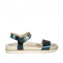 Woman's strap sandal in petrol laminated leather wedge 2