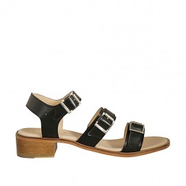 Sandalia para mujer con hebillas ajustables en piel negra tacon 4 - Tallas disponibles:  43, 44