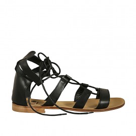 Zapato abierto estilo gladiador con cordones para mujer en piel negra tacon 1 - Tallas disponibles:  45