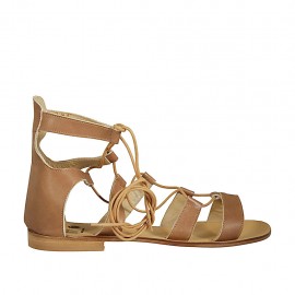 Chaussure spartiates ouverte à lacets pour femmes en cuir noisette talon 1 - Pointures disponibles:  42, 43, 45