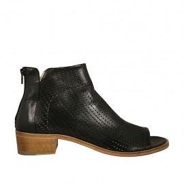 Zapato abierto en punta cerrado hasta el cuello para mujer con cremallera posterior en piel y piel perforada negra tacon 4 - Tallas disponibles:  44