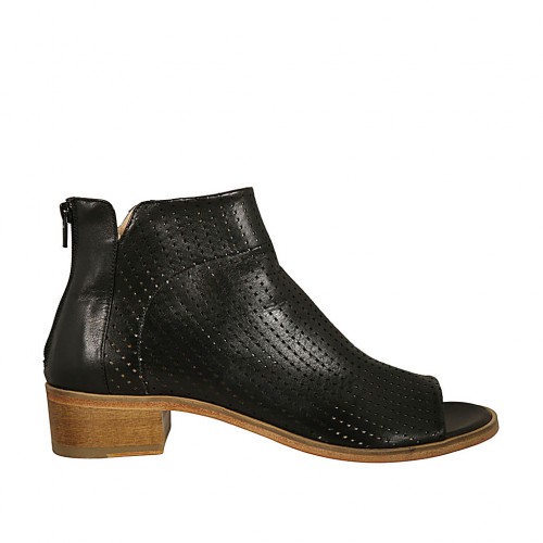 Scarpa accollata aperta in punta da donna con cerniera posteriore in pelle e pelle forata nera tacco 4 - Misure disponibili: 44