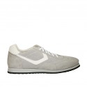 Men's laced casual shoe in grey suede and pierced suede and white leather