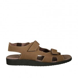 Sandale pour hommes avec deux bandes de fermeture velcro en nubuck taupe - Pointures disponibles:  46, 47