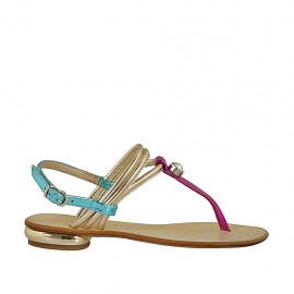 Sandalo infradito da donna con strass in pelle laminata platino e stampata azzurra e fucsia tacco 1 - Misure disponibili: 34
