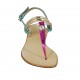 Sandalo infradito da donna con strass in pelle laminata platino e stampata azzurra e fucsia tacco 1 - Misure disponibili: 34