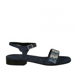 Sandalia con cinturon para mujer en gamuza azul con estrás tacon 2 - Tallas disponibles:  32
