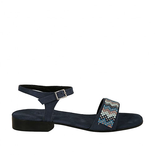 Sandalo da donna con cinturino e strass in camoscio blu tacco 2 - Misure disponibili: 32, 42, 46