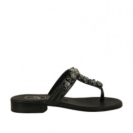 Sabot infradito con strass da donna in pelle nera tacco 2 - Misure disponibili: 33