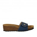 Sabot aperto da donna in pelle blu con bottone, velcro e zeppa 4