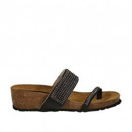 Sabot aperto infradito da donna in pelle nera con strass e zeppa 4  - Misure disponibili: 43