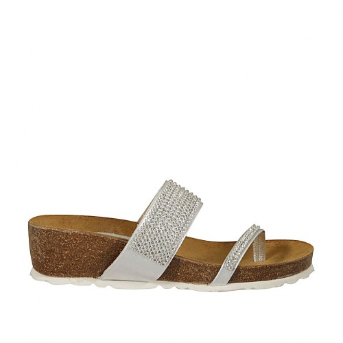 Sabot aperto infradito da donna in pelle argento con strass e zeppa 4 - Misure disponibili: 42