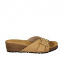 Woman's mules in beige leather with buckle wedge heel 4
