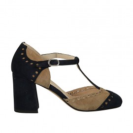 Chaussure ouverte pour femmes en daim bleu foncé et beige avec courroie salomé talon 7 - Pointures disponibles:  42, 45