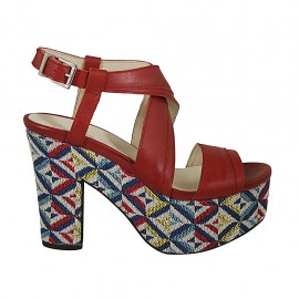 Sandalo accollato con plateau in pelle rossa con zeppa rivestita multicolore effetto optical tacco 10 - Misure disponibili: 34, 43