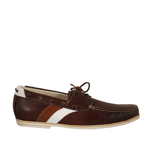 Mocassin sportif pour hommes avec lacets en cuir marron, brun et blanc - Pointures disponibles:  47, 48, 52