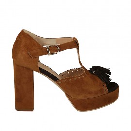 Zapato abierto para mujer con cinturon, borlas y plataforma en gamuza color cuero y marron tacon 9 - Tallas disponibles:  43, 45