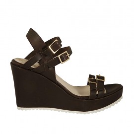 Sandale pour femmes avec plateforme, boucles et courroies réglables en cuir marron talon compensé 8 - Pointures disponibles:  32, 34, 42