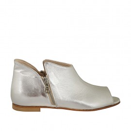 Zapato abierto para mujer con cremalleras en piel laminada plateada tacon 1 - Tallas disponibles:  33, 42, 43, 45