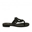 Woman's thong mules in black leather heel 2