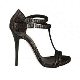 Zapato abierto con cinturones salomé en gamuza imprimida negra y gris con plataforma y tacon 11 - Tallas disponibles:  34, 46