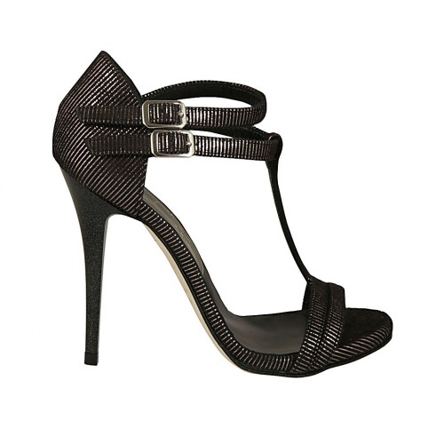 Zapato abierto con cinturones salomé en gamuza imprimida negra y gris con plataforma y tacon 11 - Tallas disponibles:  34, 46