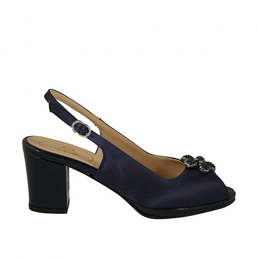 Sandalo da donna con strass e plateau in raso e vernice blu tacco 6 - Misure disponibili: 32