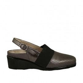 Zapato destalonado para mujer con elastico y plantilla extraible en piel perforada y laminada gris acero cuña 4 - Tallas disponibles:  33, 34, 42, 43, 44