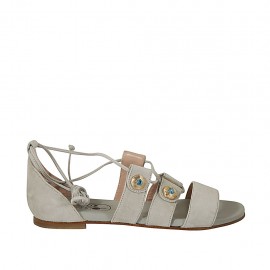 Scarpa aperta da donna con bottoni con strass e lacci in camoscio grigio tacco 1 - Misure disponibili: 32, 33, 34