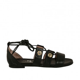 Zapato abierto para mujer con boton con estrás y cordones en piel negra tacon 1 - Tallas disponibles:  33, 34, 46