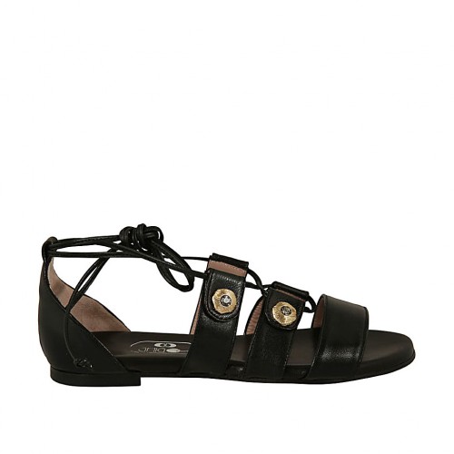 Zapato abierto para mujer con boton con estrás y cordones en piel negra tacon 1 - Tallas disponibles:  33, 34, 46
