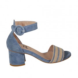 Zapato abierto para mujer en gamuza azul claro y beis con cinturon tacon 5 - Tallas disponibles:  44