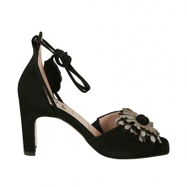 Scarpa aperta da donna con lacci e fiore in camoscio nero e pelle laminata argento tacco 7 - Misure disponibili: 34