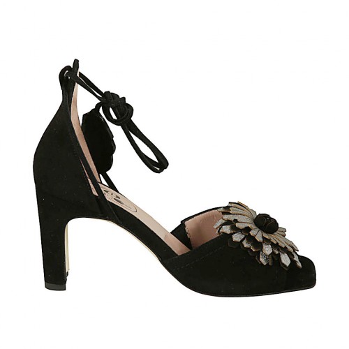 Woman's open shoe with laces and flower in black suede and silver laminated leather heel 7 - Available sizes:  34