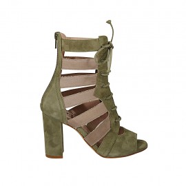 Zapato abierto para mujer con cordones y cremallera en gamuza verde caqui y tejido beis tacon 8 - Tallas disponibles:  42