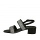 Sandalo da donna con cinturino, fasce e bottone di tessuto laminato argento e pelle nera tacco 4 - Misure disponibili: 42, 43, 45, 46