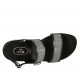 Sandalia para mujer con cinturon, bandas y boton en tela laminada plateada y piel negra con tacon 4 - Tallas disponibles:  43, 45