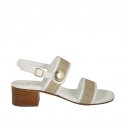 Woman's sandal with strap, bands and button in platinum laminated fabric and white leather with heel 4