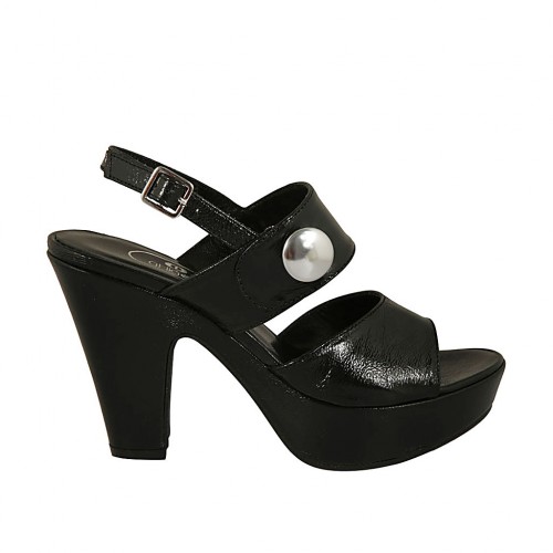 Sandalo da donna con bottone e plateau in vernice nera tacco 10 - Misure disponibili: 31, 32, 34, 42, 43, 44