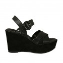 Woman's sandal in black leather and suede with strap, platform and wedge heel 9