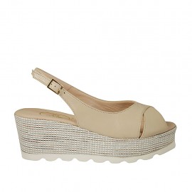 Sandalia para mujer en piel beis y tejido trensado cuña 6 - Tallas disponibles:  43