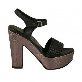 Sandale pour femmes en cuir noir tressé et cuir verni gris avec courroie, plateforme et talon 11 - Pointures disponibles:  31, 34, 42, 43