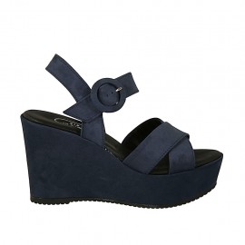 Sandale pour femmes en daim bleu avec courroie, strass multicouleurs, plateforme et talon compensé 9 - Pointures disponibles:  43