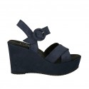Woman's sandal in blue suede with strap, platform and wedge 9