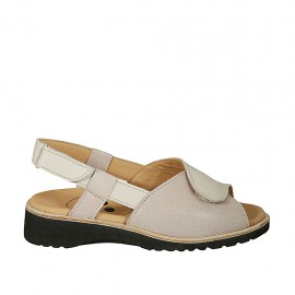 Sandale pour femmes avec fermetures velcro en cuir beige et imprimé taupe talon compensé 3 - Pointures disponibles:  33, 43